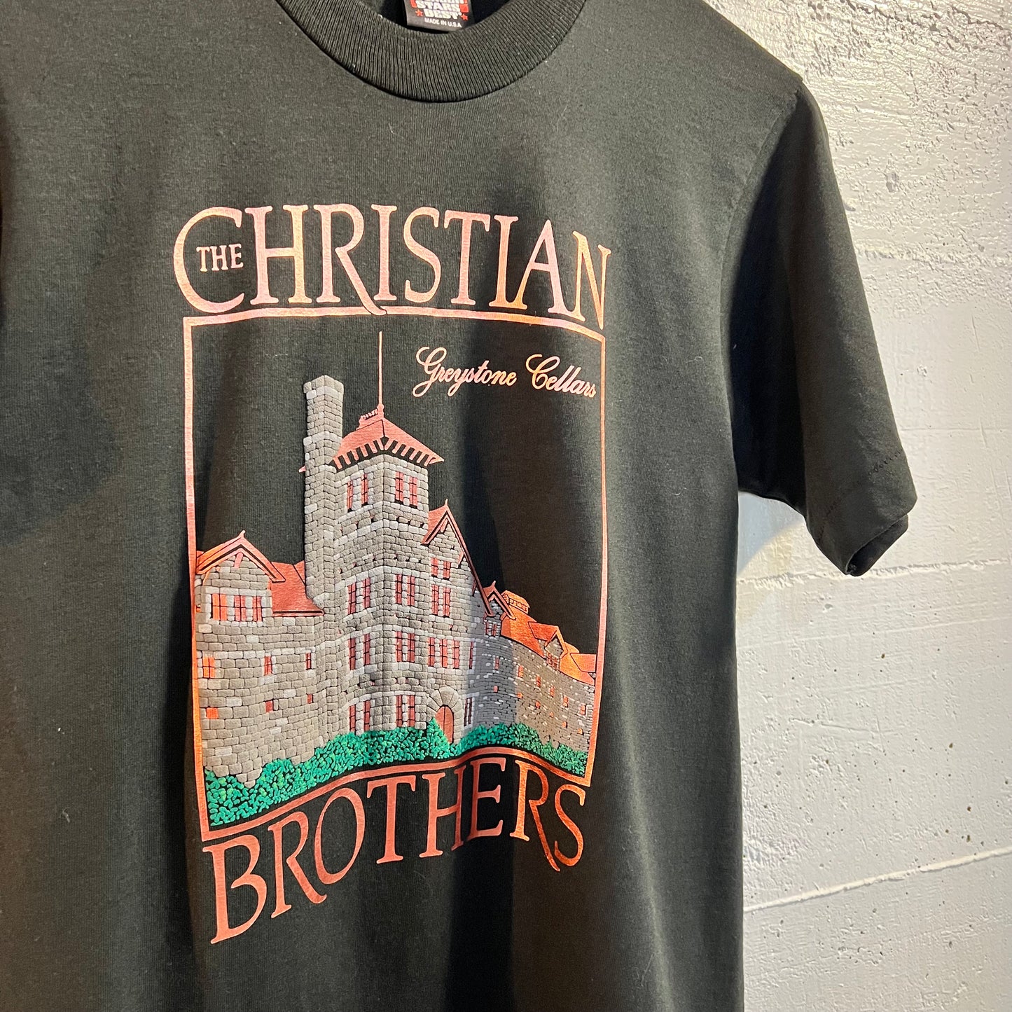 Vintage The Christian Brothers ‘Greystone Cellars’ Puff Print Single Stitch T-Shirt - Size Small - Made In USA - Black/Copper/Multicolor