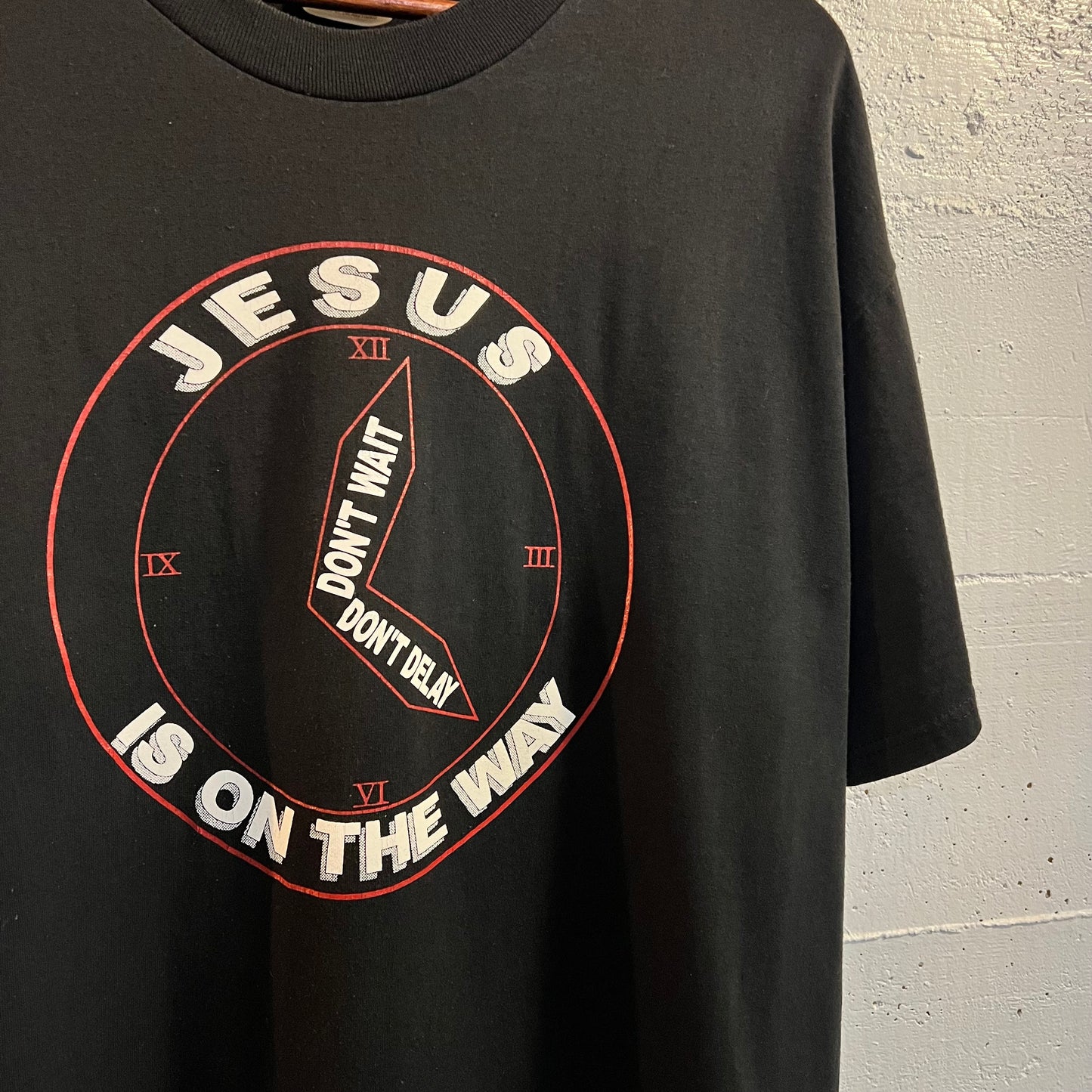 Vintage Jesus Is On The Way Clock T-Shirt - Size XL - Black/White/Red