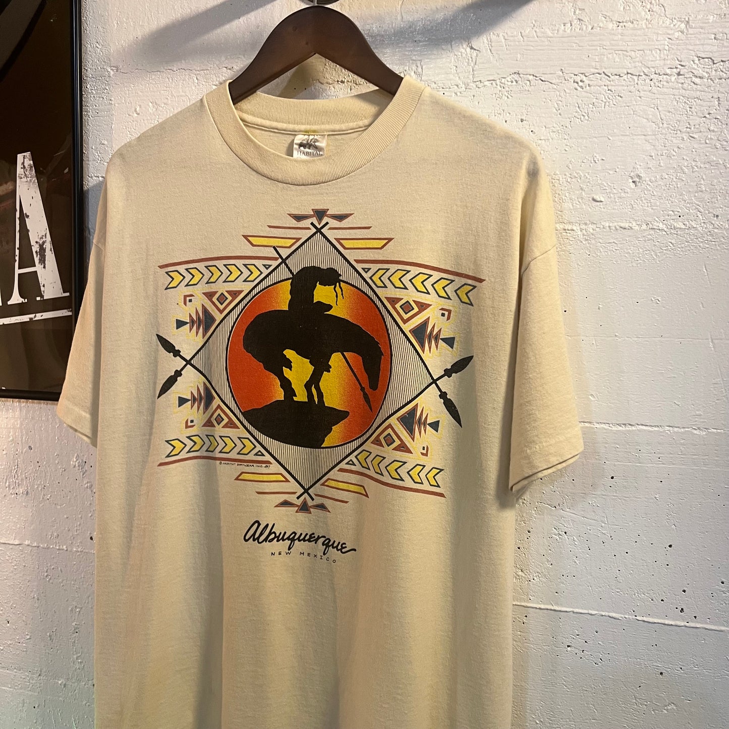 Vintage 80's Habitat 'Albuquerque' Southwestern Single Stitch T-Shirt - Size XL - Cream/Tan
