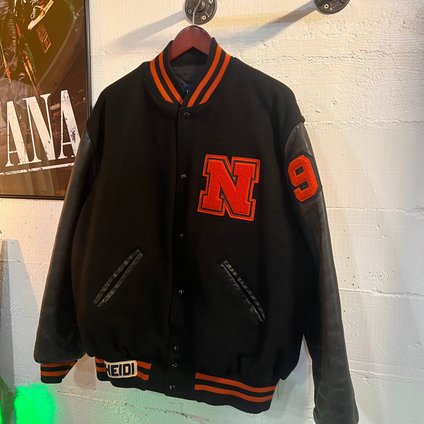 Vintage 90's Leather Varsity Letterman Jacket With Chenille Patch - Size XL - Made In USA - Orange/Black