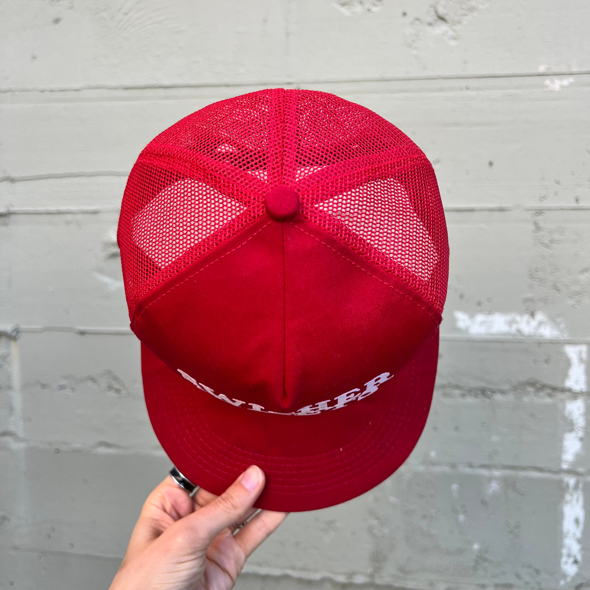 Vintage 1980's Swisher Sweets Felt Logo Mesh SnapBack Trucker Hat - O/S - Made In USA - Red/White