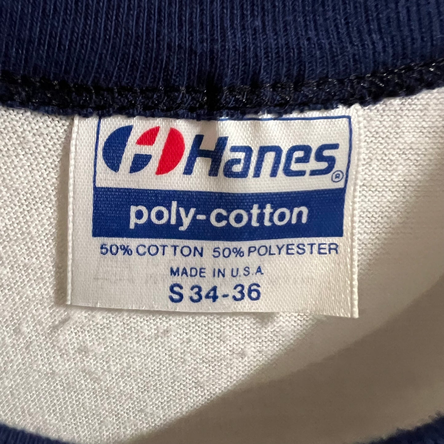 Vintage 80’s Evan’s Creek Camp Single Stitch Ringer Baby T-Shirt - Size Small - Made In USA - White/Navy