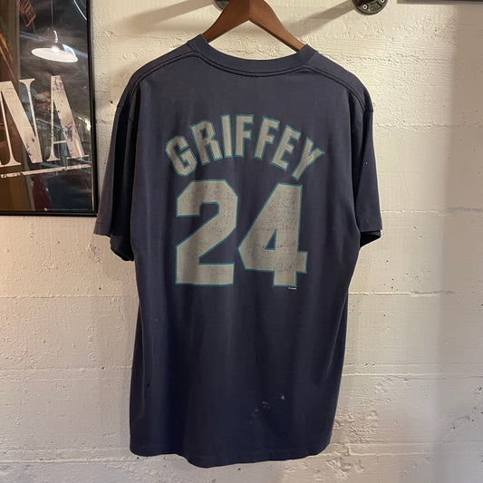 Vintage 90’s Distressed Seattle Mariners MLB ‘Griffey #24’ Single Stitch T-Shirt - Size Large - Made In USA - Navy/Teal/Silver