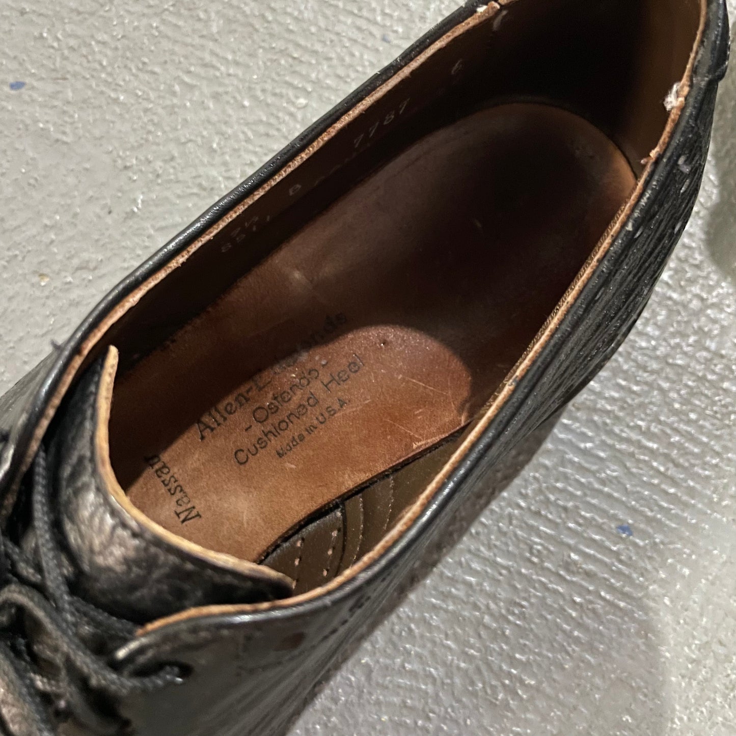 Vintage Allen Edmonds Nassau Ostendo Black Sharkskin Oxford Wingtip Shoe Made In USA Sz 9.5