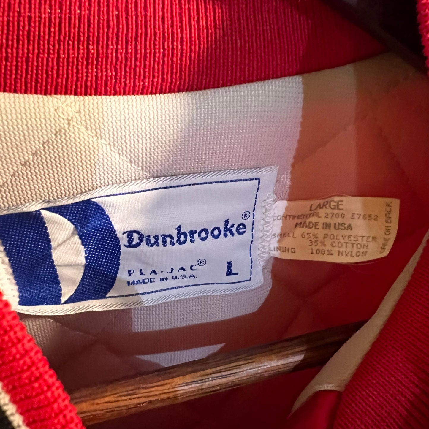 Vintage 80's Dunbrooke Pla-Jac Embroidered Satin Bomber Jacket - Size Large - Made In USA - Red/