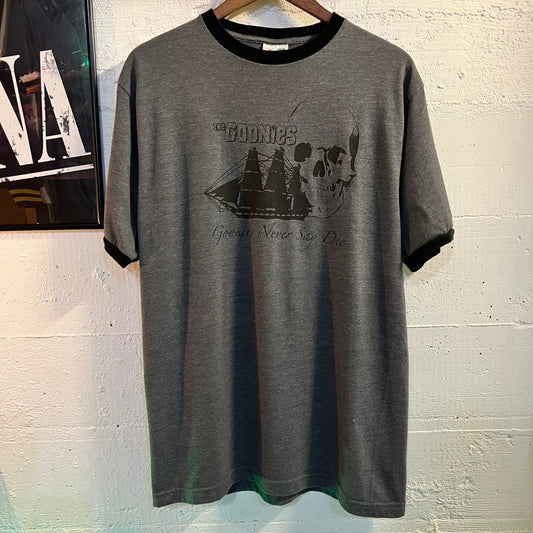 Vintage The Goonies 'One Eyed Willy' Movie Promo Ringer T-Shirt - Size Large - Made In USA - Grey/Black
