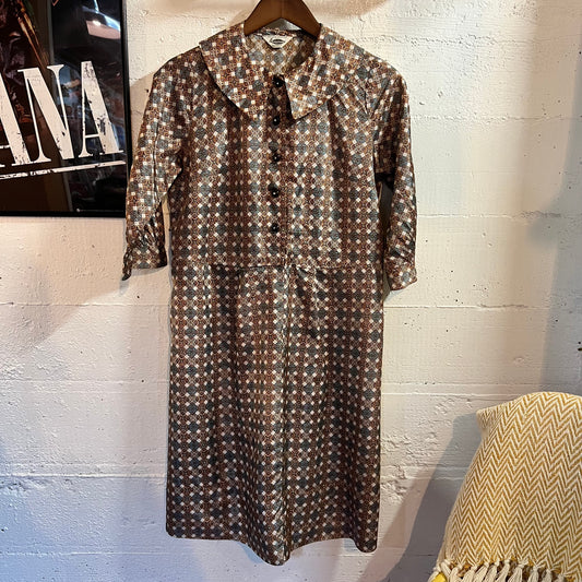 True Vintage 1960's Kerrybrooke Sears Roebuck And Co. Mid Length Geometric Tile Pattern Shirt Dress - Size Large - Made In USA
