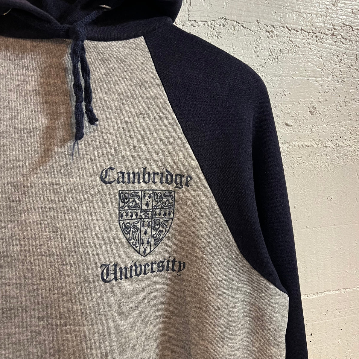 Vintage Cambridge University Raglan Sleeve Hoodie Sweatshirt - Size Small - Heather Grey/Navy