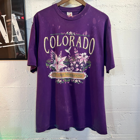 Vintage 90’s Jerzees Colorado Rocky Mountains Bleach Distressed T-Shirt - Size XL - Made In USA - Purple/Pink/White/Green/Tan