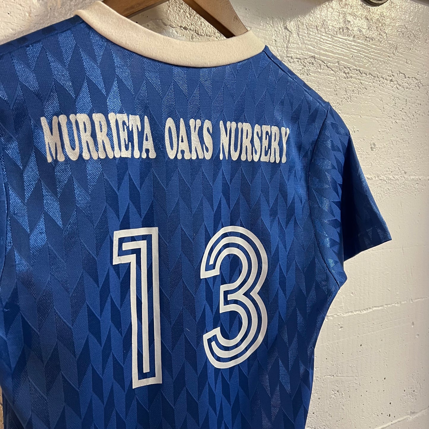 Vintage 90’s Umbro ‘Murrieta Oaks Nursery’ #13 Soccer Jersey - Size Youth Large - Made In USA - Blue/White