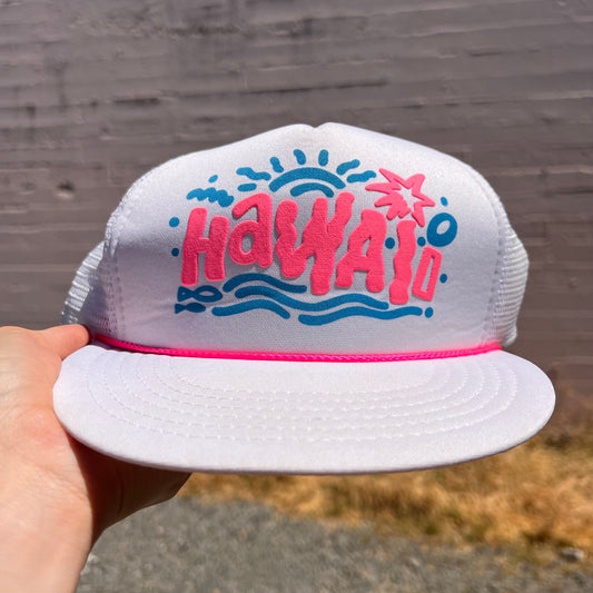 Vintage 80's Hawaii Puff Print Mesh Snapback Trucker Hat - Size O/S - White/Pink/Blue