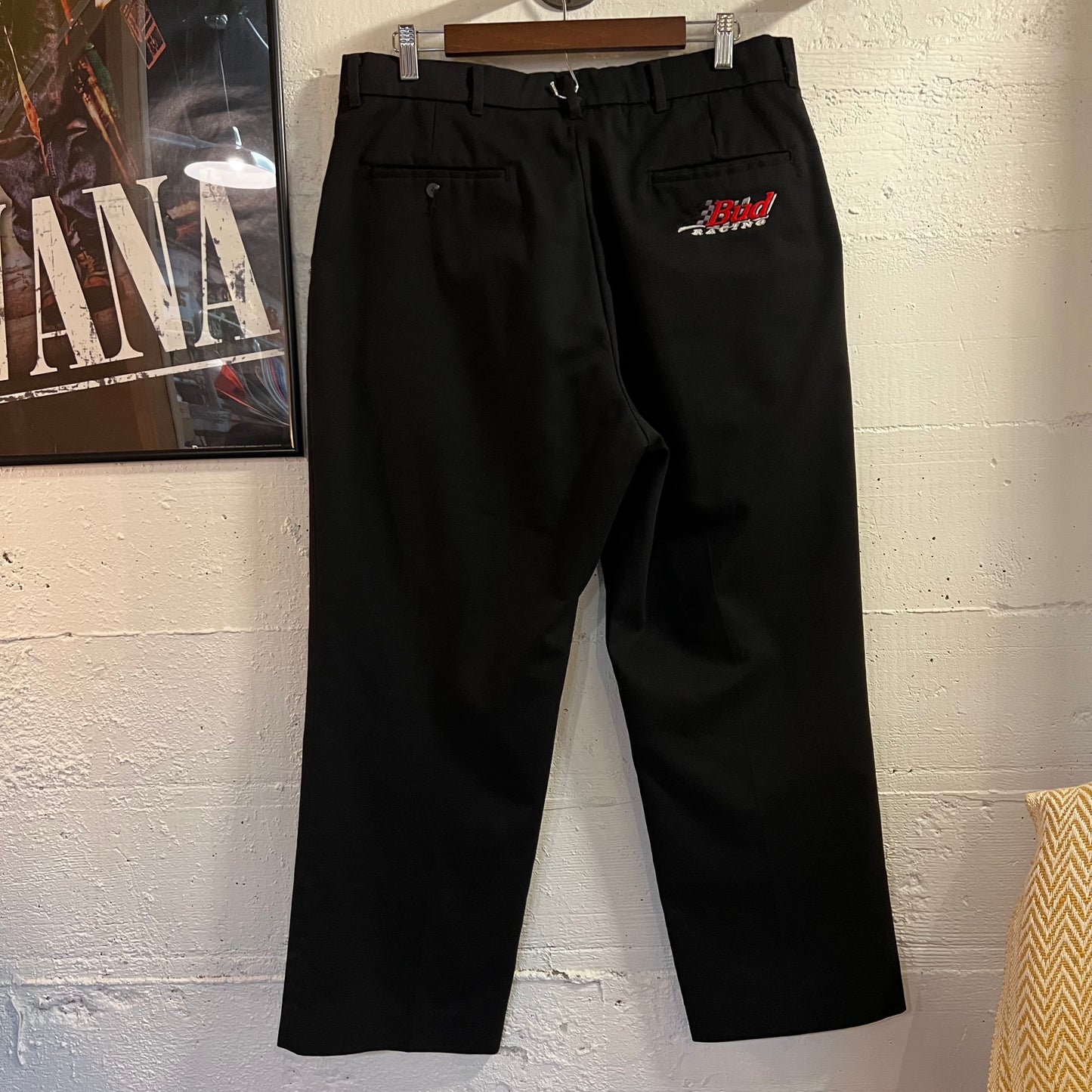 Vintage 90's Budweiser Bud Racing Embroidered Pleated Trousers - Size (38) 34"x26.5" - Made In USA  - Black