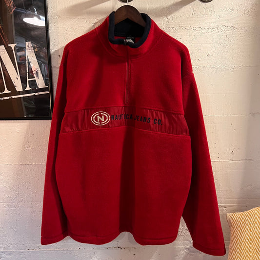 Vintage 90's Nautica Jeans Co. Half Zip Pullover Fleece - Size XL - Red/Navy/White