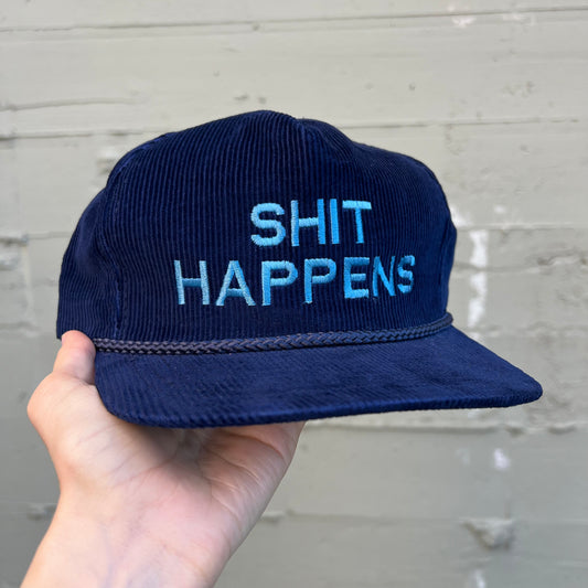 Vintage 1980's 'Shit Happens' Embroidered Corduroy Snapback Hat - O/S - Navy/Sky-Blue