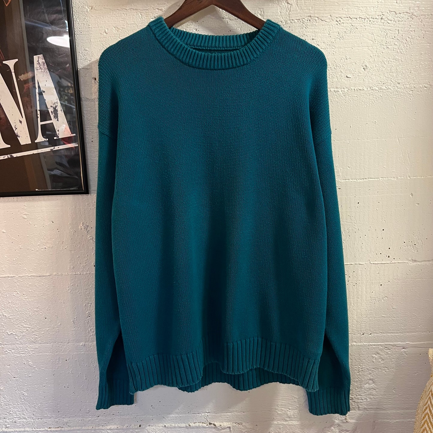 Vintage 90's Eddie Bauer Knit Cotton Crewneck Sweater - Size Large - 100% Cotton - Teal