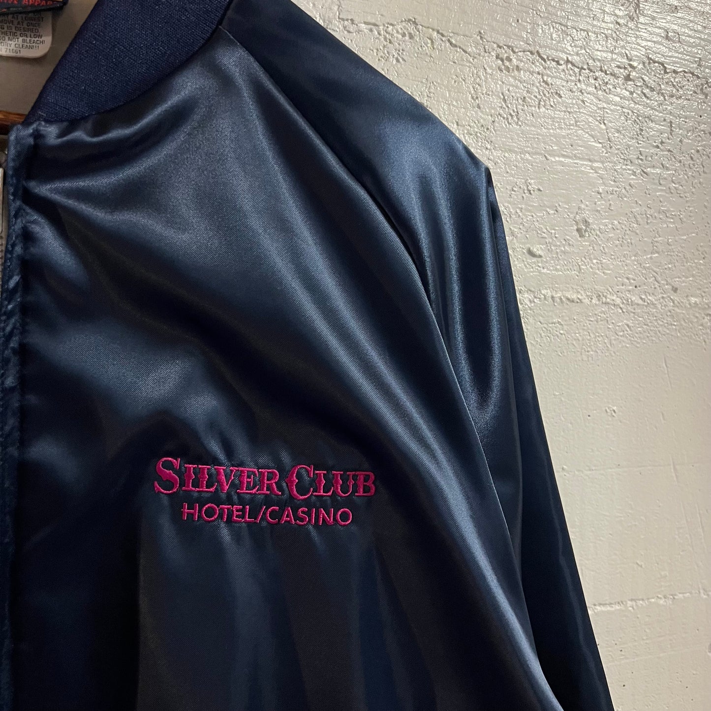 Vintage 90's Silver Club Hotel & Casino Embroidered Satin Bomber Jacket - Size XL - Made In USA - Navy