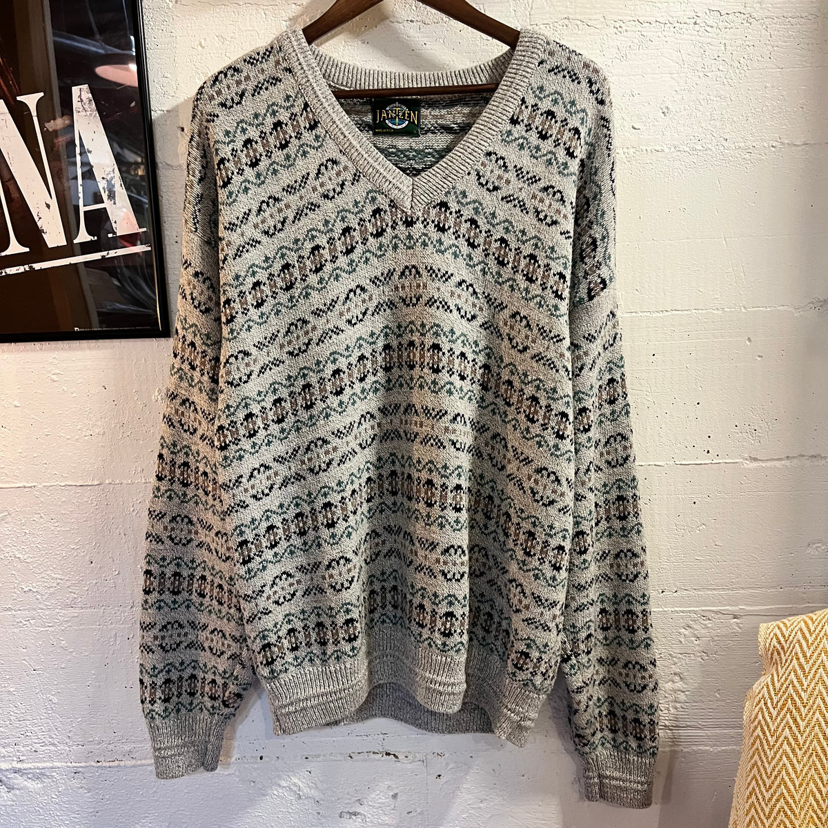 Vintage 90’s Jantzen Fair Isle Geometric Knitted V-Neck Sweater - Size Large - Made In USA - Grey/Blue/Black/Tan