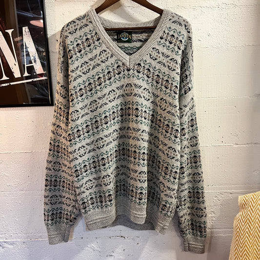Vintage 90’s Jantzen Fair Isle Geometric Knitted V-Neck Sweater - Size Large - Made In USA - Grey/Blue/Black/Tan