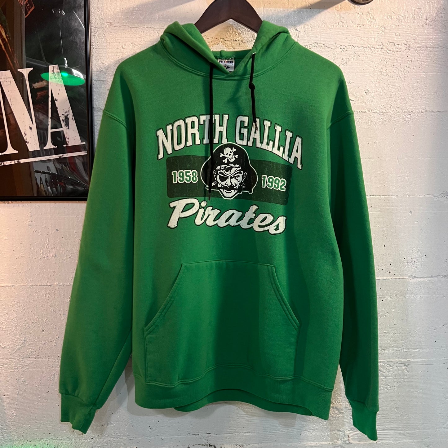 Vintage 90's North Gallia Pirates Hoodie Sweatshirt - Size Large - Kelly-Green/White/Black