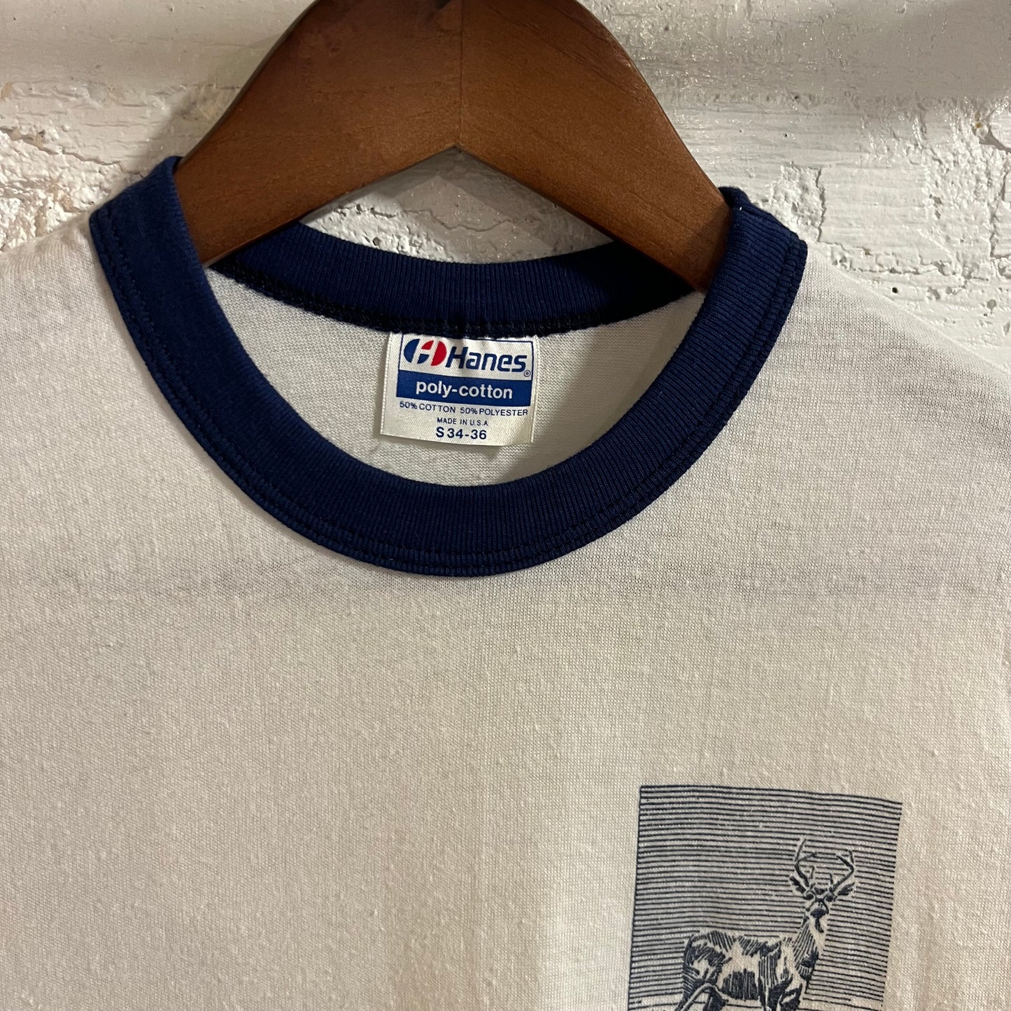 Vintage 80’s Evan’s Creek Camp Single Stitch Ringer Baby T-Shirt - Size Small - Made In USA - White/Navy