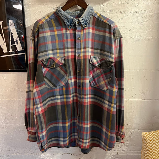 Vintage 90's World Island Faded Cotton Plaid & Denim Button Down Flannel Shirt - Size XL - Faded Pastel Multicolor