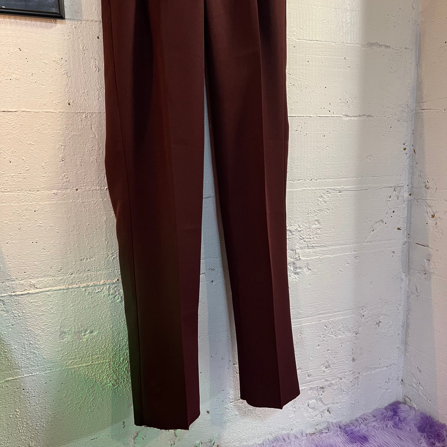 Vintage Pleated Loose Fit Straight Leg Dacron Unhemmed Trousers - Size 30" - Maroon