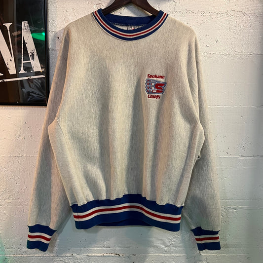 Vintage Embroidered Spokane Chiefs Hockey Team Jacquard Collar Crewneck Sweatshirt - Size XL - Made In USA - Heather Grey/Blue/Red