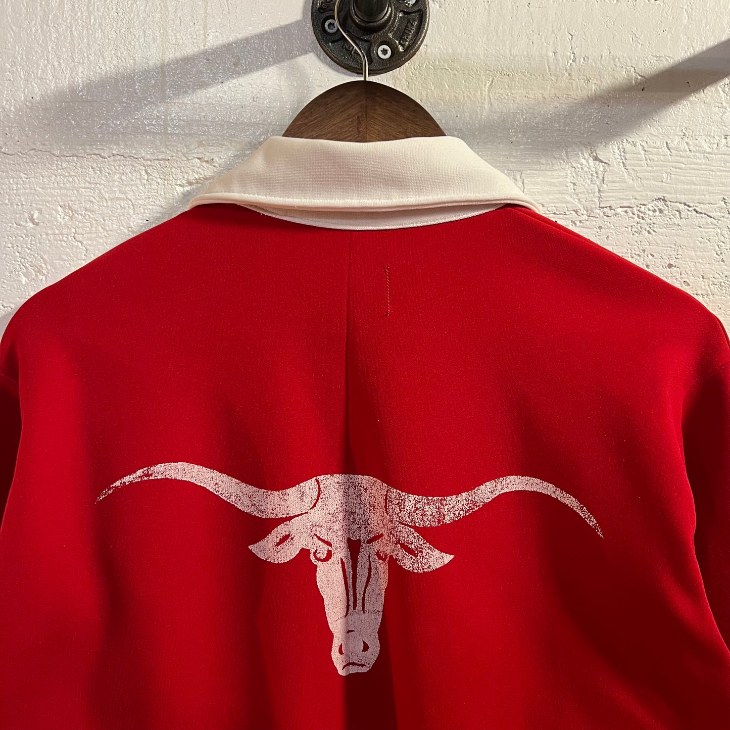 Vintage 60’s/70’s Spanjian SHS ‘#11’ Long Horn Athletic Windbreaker Zip Up Jacket - Size Large - Made In USA - Red/White/Blue