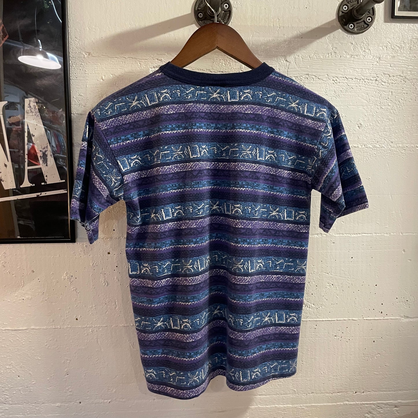 Vintage 90’s Skidz Geometric/Tribal/Aztec All Over Print Single Stitch Baby T-Shirt - Size Youth Medium - Made In USA - Blue/Purple/Black/White