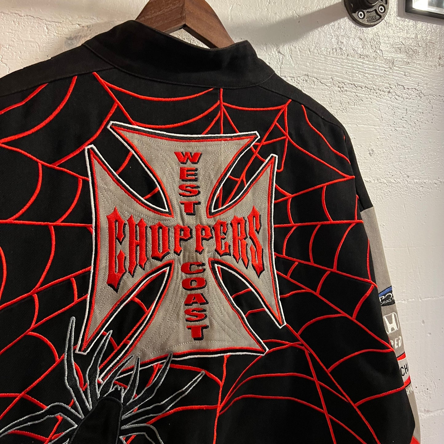Vintage West Coast Choppers Mac Tools Embroidered Spider Web Racing Jacket - Size Medium - Black/Red/Gray