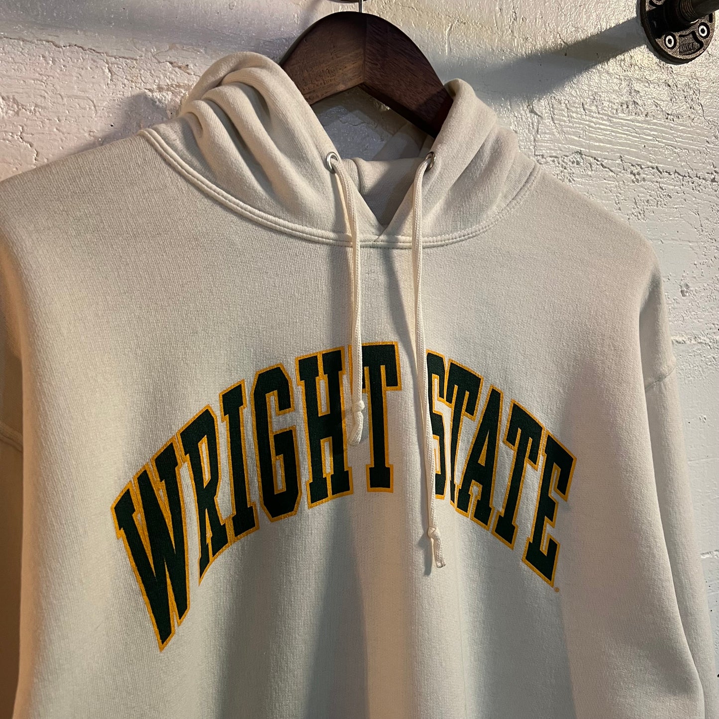 Vintage 2000's Wright State Collegiate Arch Logo Hoodie - Size Large - White/Green/Yellow - Distressed
