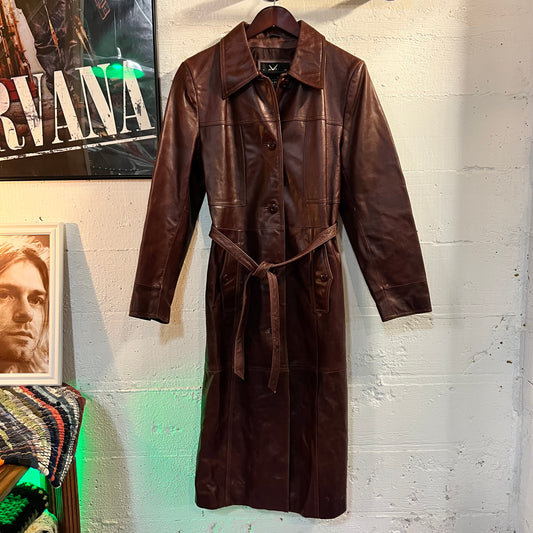 Vintage Maxima By Wilsons Belted Leather Oxblood Long Leather Trench Coat - Size Medium - Oxblood