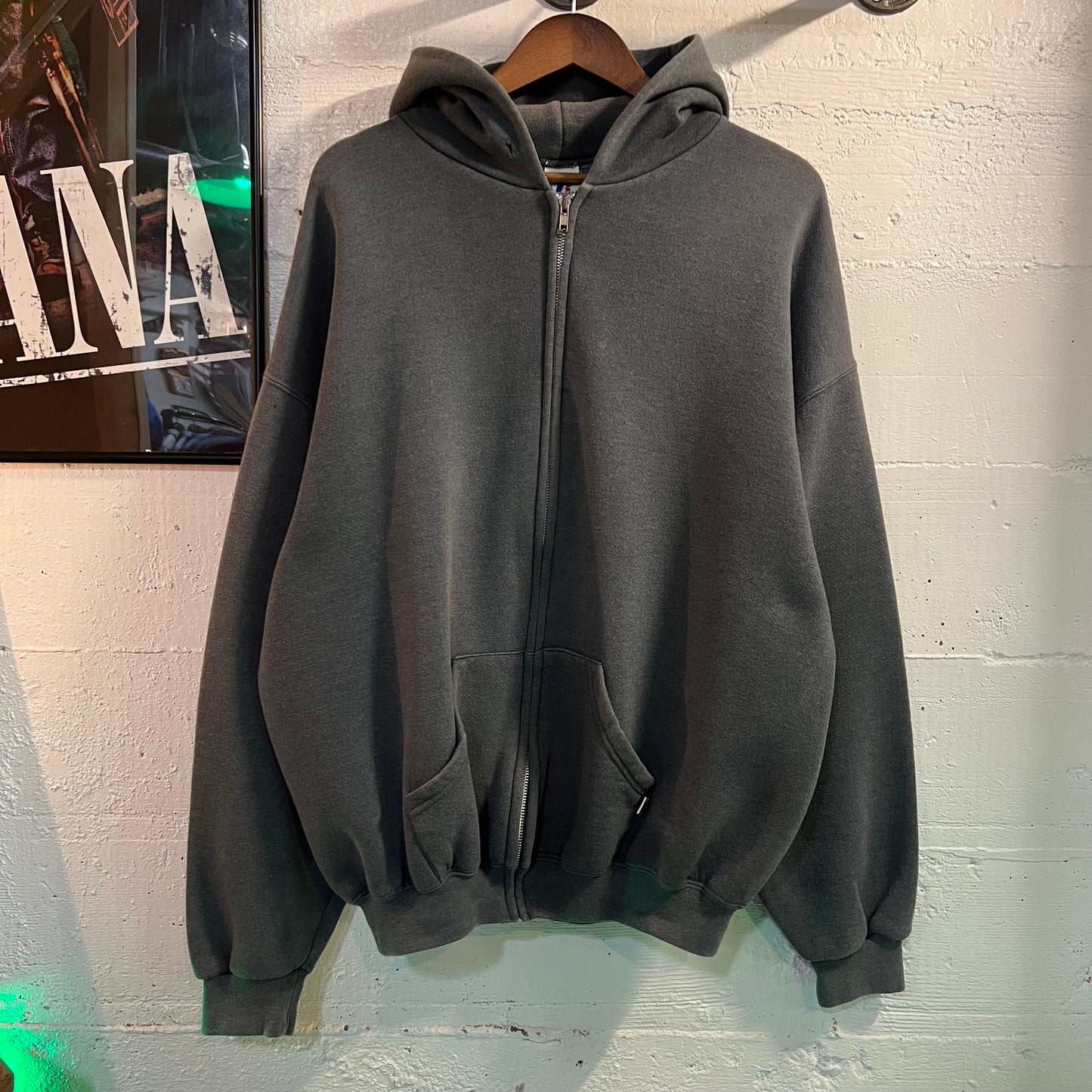 Vintage Russell Athletic Blank Full Zip Hoodie Sweatshirt - Size XL - Dark Grey