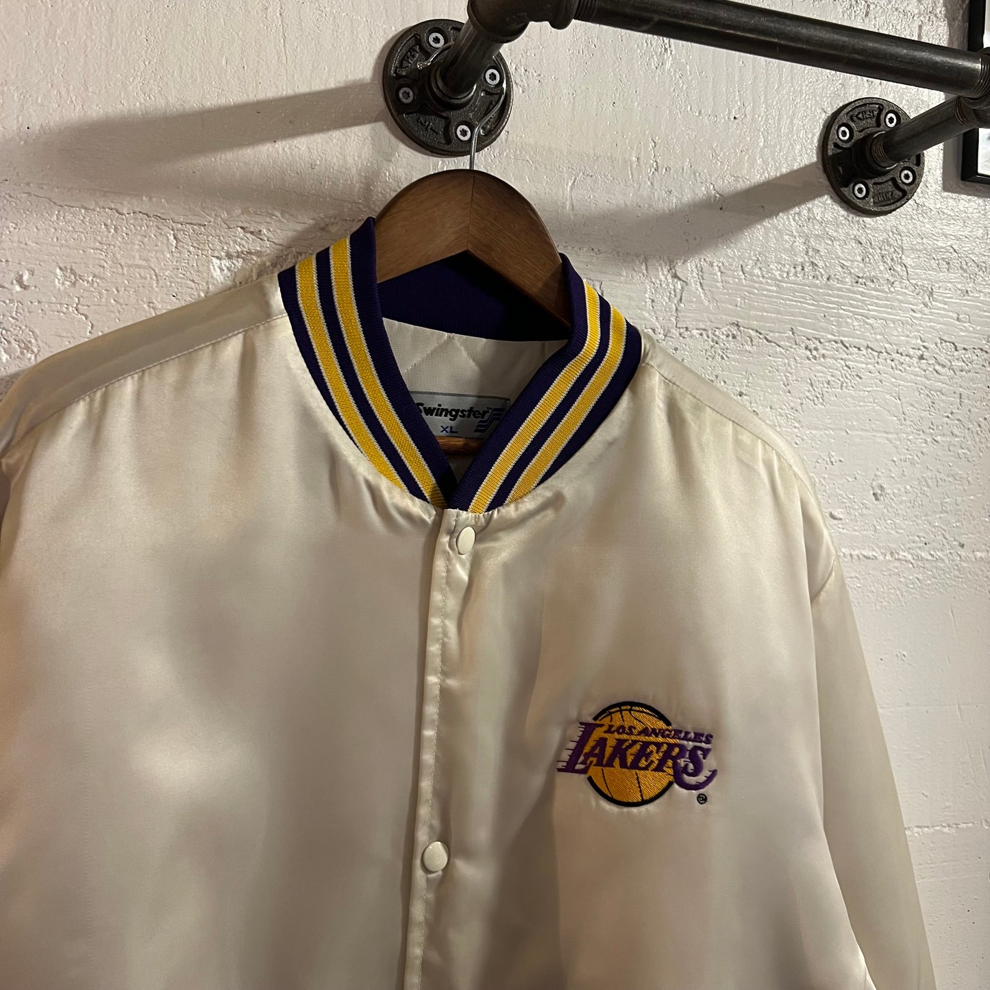 Vintage 90's Los Angeles Lakers Embroidered Swingster Satin Bomber Jacket - Size XL - Made In USA - White/Yellow/Purple
