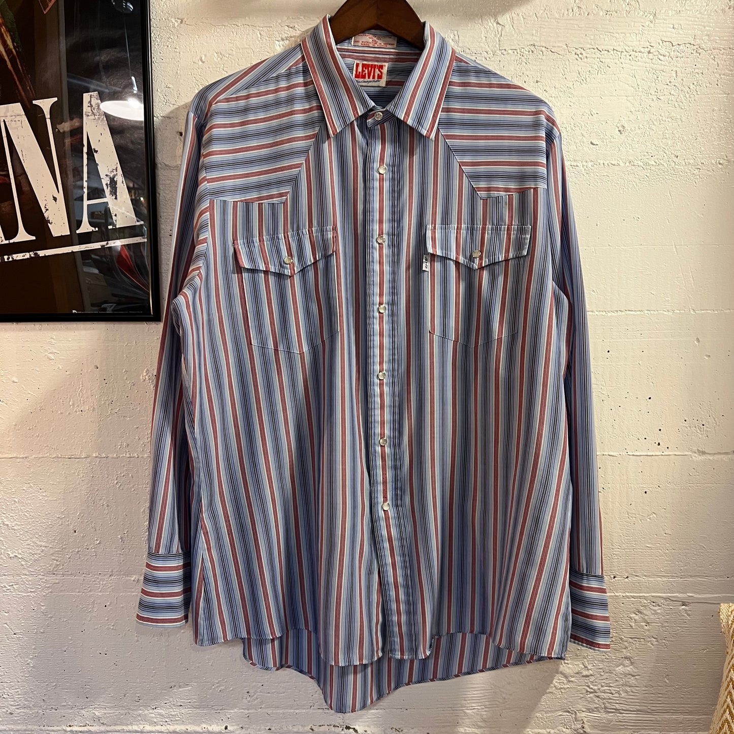 Vintage 80’s Levi’s Striped Pearl Snap Western Yoke Long Sleeve Cowboy Shirt - Size XL - Blue/Red/White/Black