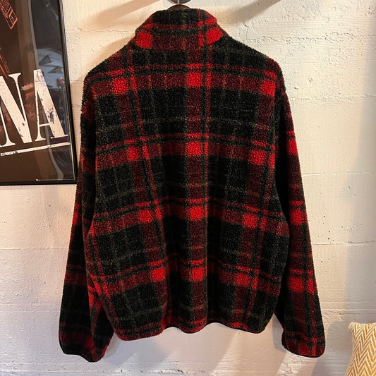 Vintage 90’s Black Pack Buffalo Check Plaid 1/4 Zip Fleece Jacket - Size Large - Made In USA - Red/Black/Grey