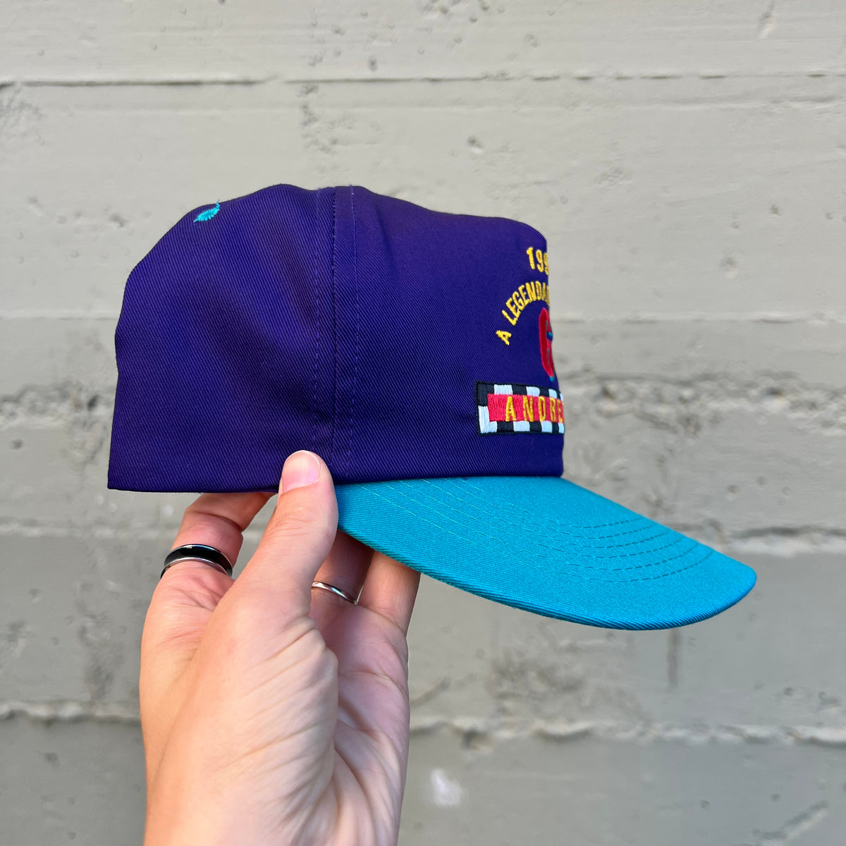 Vintage 1994 Mario Andretti #6 Texaco Racing 'A Legendary Finish' Embroidered 2-Tone Snapback Hat - O/S - Purple/Teal
