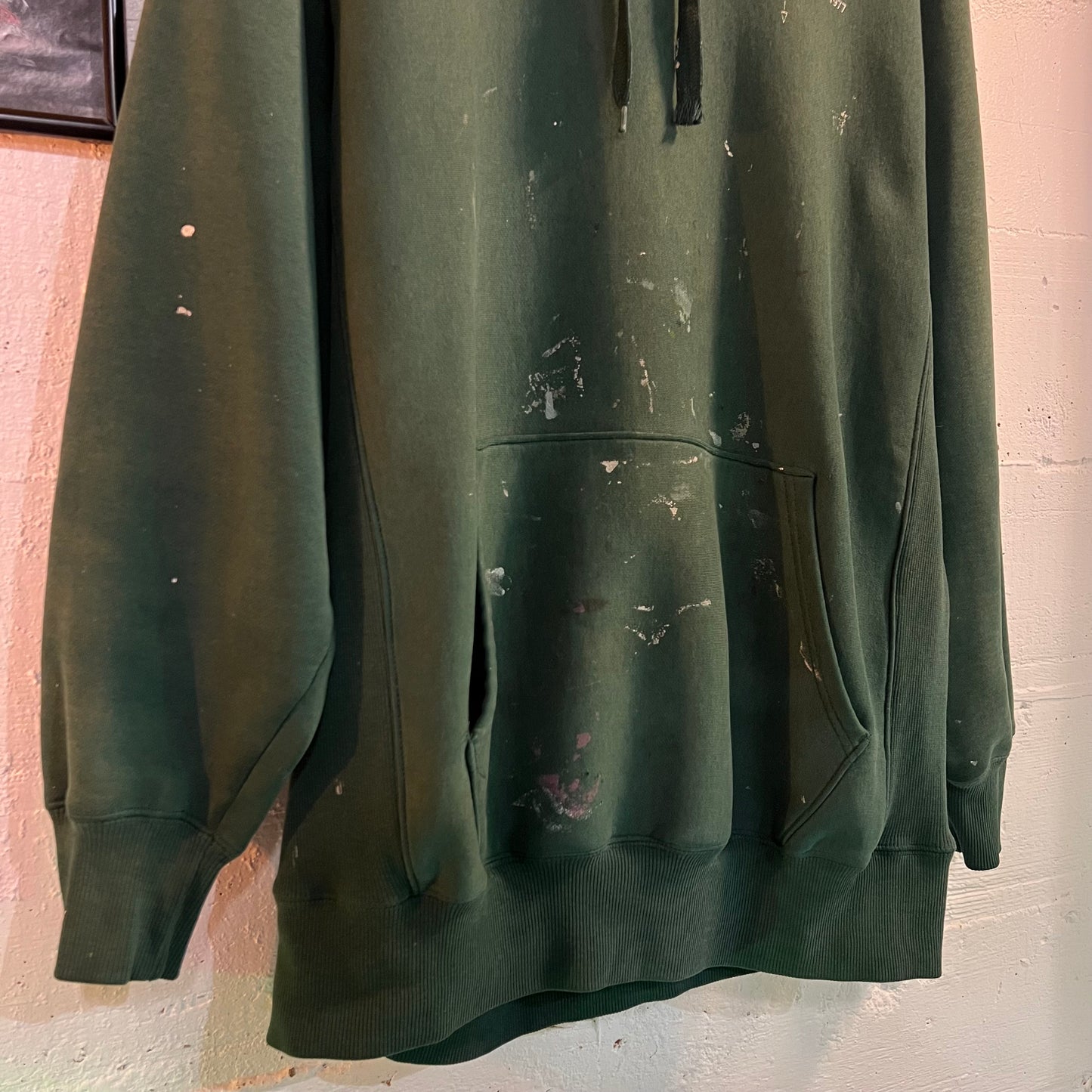 Y2K Distressed Heavyweight Paint Splatter Hooded Sweatshirt - Size XL - Forest Green