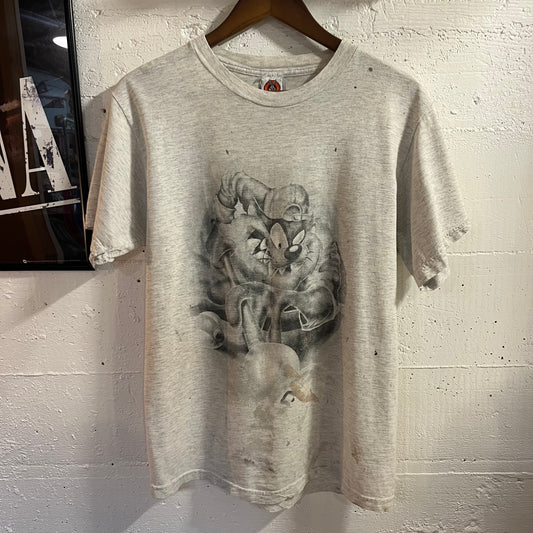 Vintage 1997 Distressed Looney Tunes ‘Taz Playing Pool’ Graphic T-Shirt - Size Youth XL - Heather Grey/Black