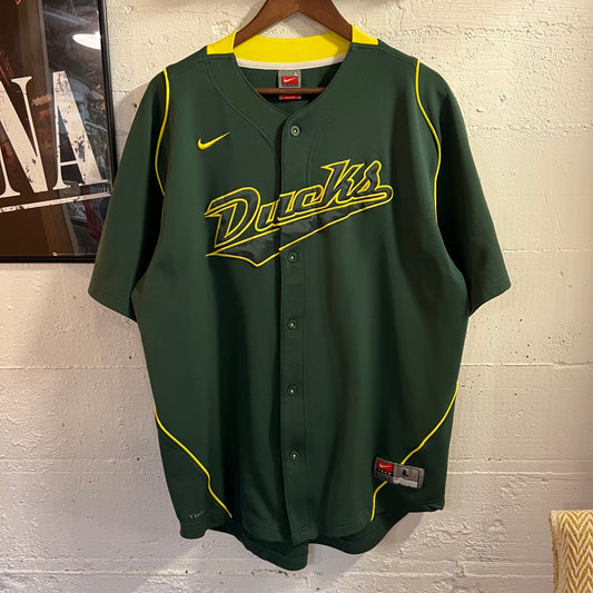 Vintage 2000's Nike University Of Oregon Ducks Baseball Jersey - Size Large - Green/Yellow