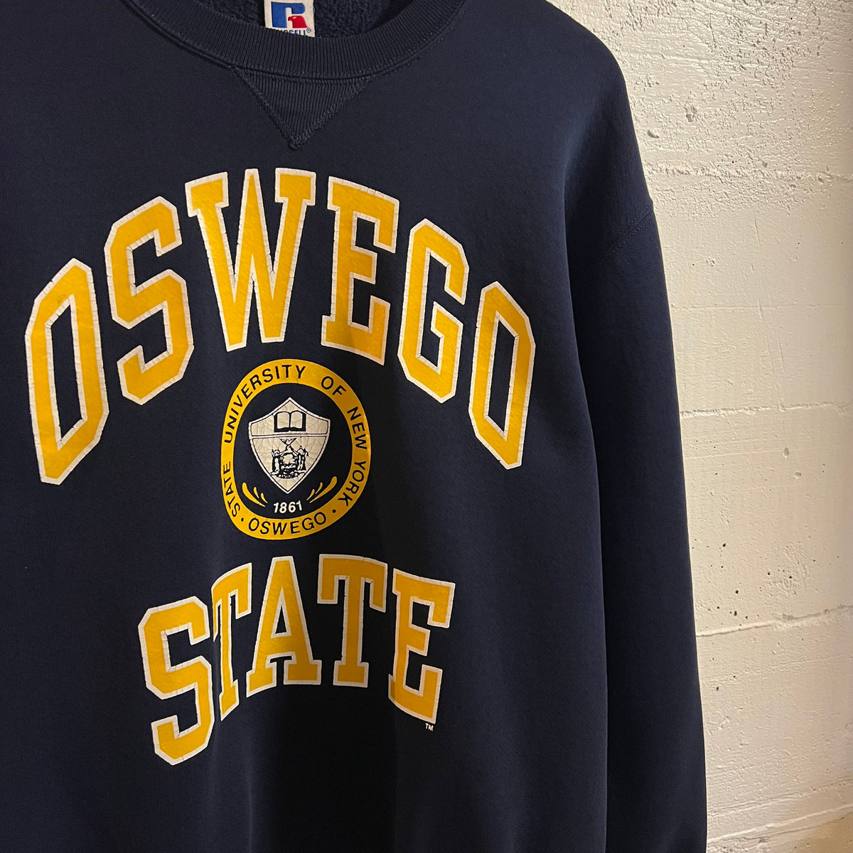 Vintage 90’s Russell Athletic Oswego State University, NY Crewneck Sweatshirt - Size Large - Made In USA - Navy/Yellow/White