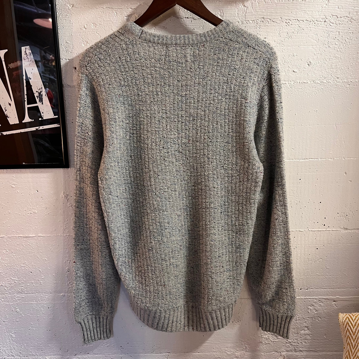 Vintage 70’s Sears Kings Road Vertical Ribbed Flecked Tweed V-Neck Knitted Sweater - Size Medium - Blue/Grey/Multi