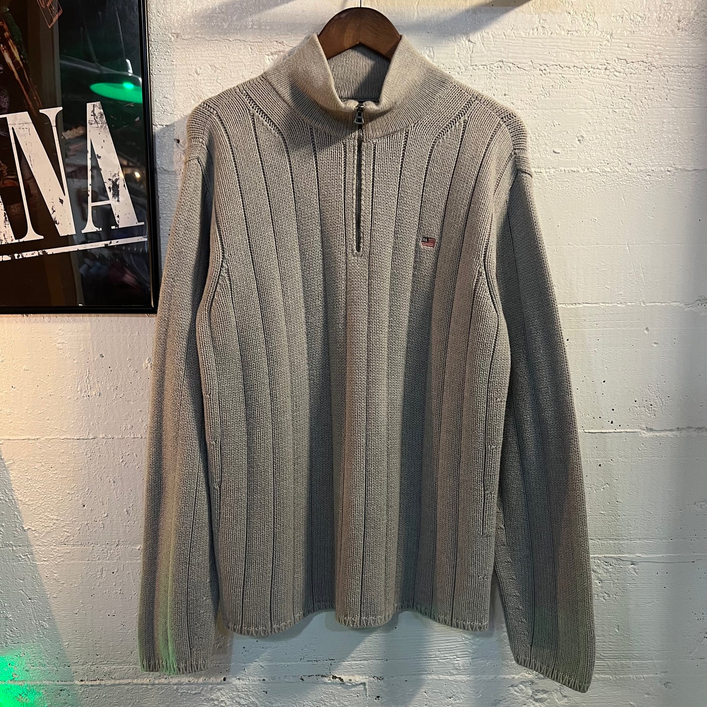 Vintage 90's Polo Jeans Co. Ralph Lauren Flag Knit Quarter Zip Sweater - Size Large - 100% Cotton