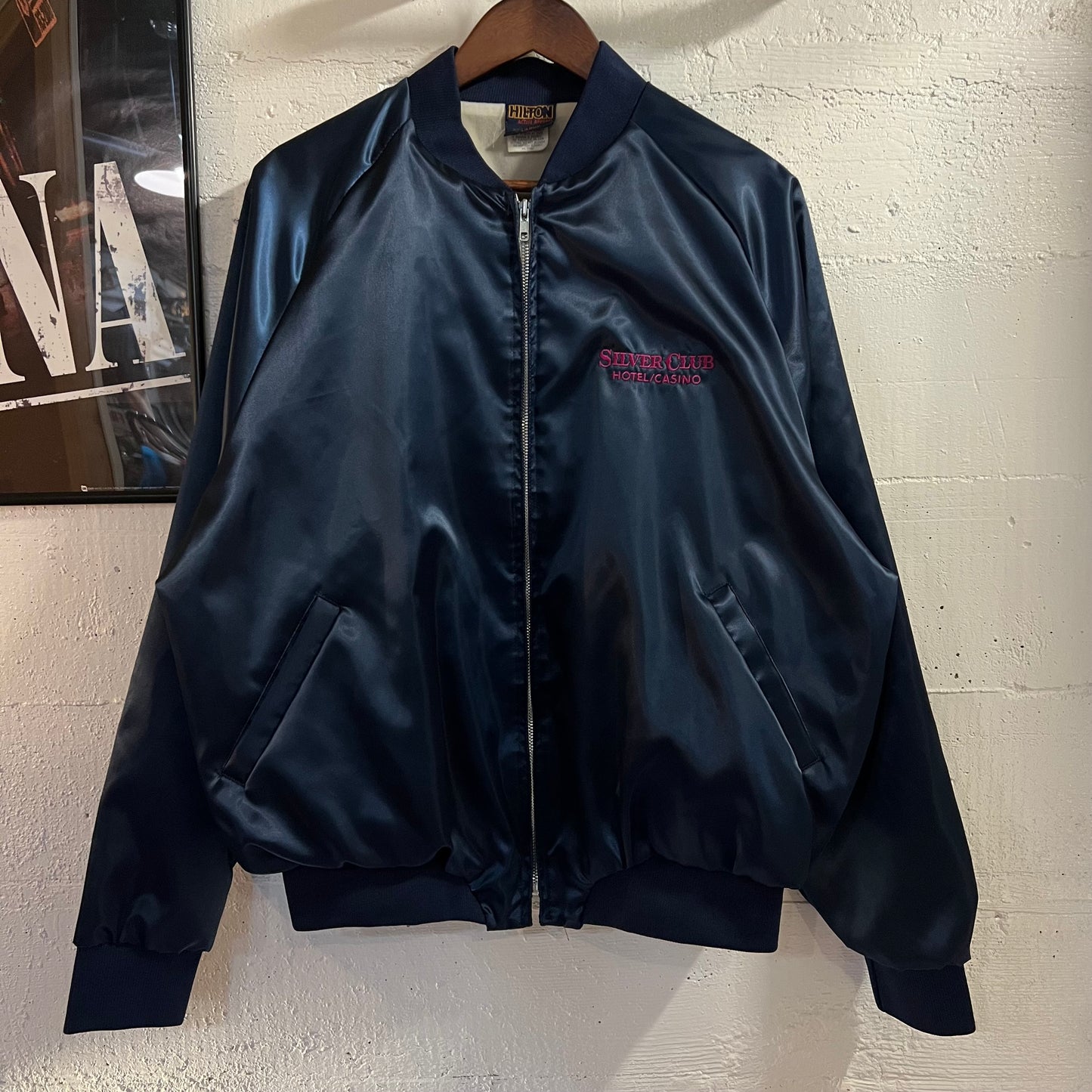 Vintage 90's Silver Club Hotel & Casino Embroidered Satin Bomber Jacket - Size XL - Made In USA - Navy