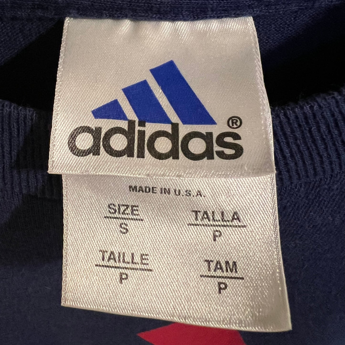 Vintage 90's Adidas Three Stripes Graphic Baby Tee - Size Small - Made In USA -Navy/Red