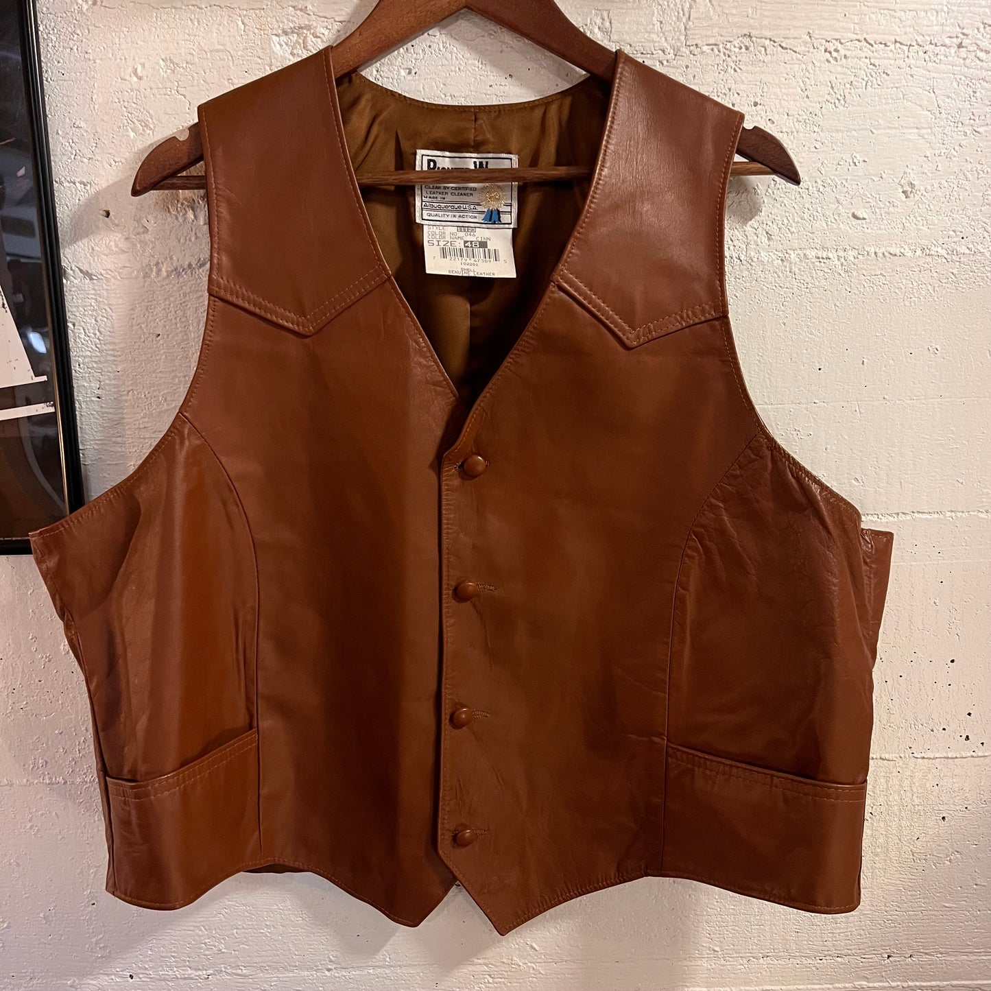 Vintage 90's Western Cut Brown Genuine Leather Vest - Size 48 (XL) - Made In USA - Brown