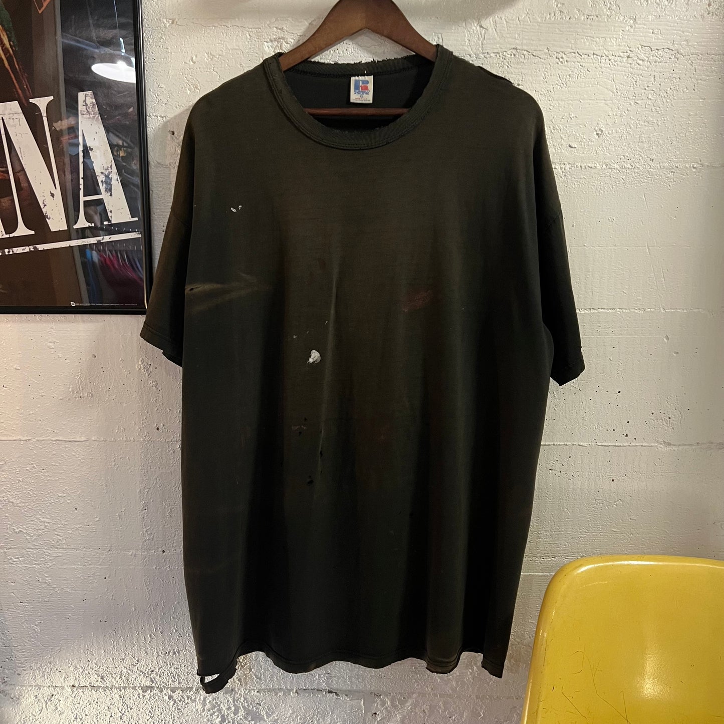 Vintage 90's Exceptionally Distressed Russell Athletic Blank T-Shirt - Size XL - Made In USA - Faded Black