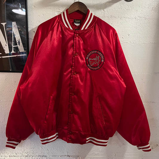 Vintage Western Oregon University 'Wolfpack' Embroidered Satin Bomber Jacket - Size XXL - Made In USA - Red/White