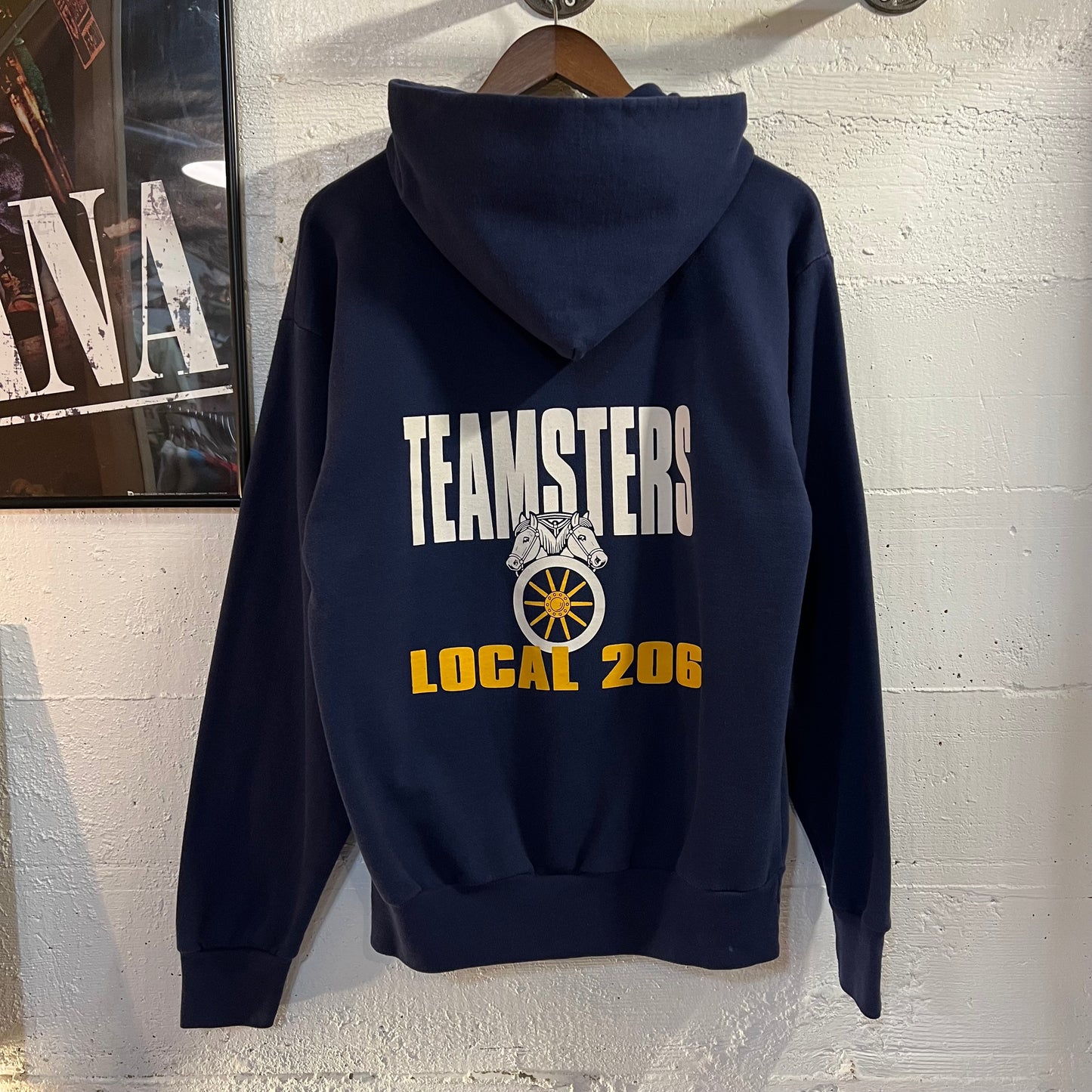 Vintage 80’s Teamsters Local 206 Hoodie Sweatshirt - Size Medium - Union Made In USA - Navy/White/Yellow