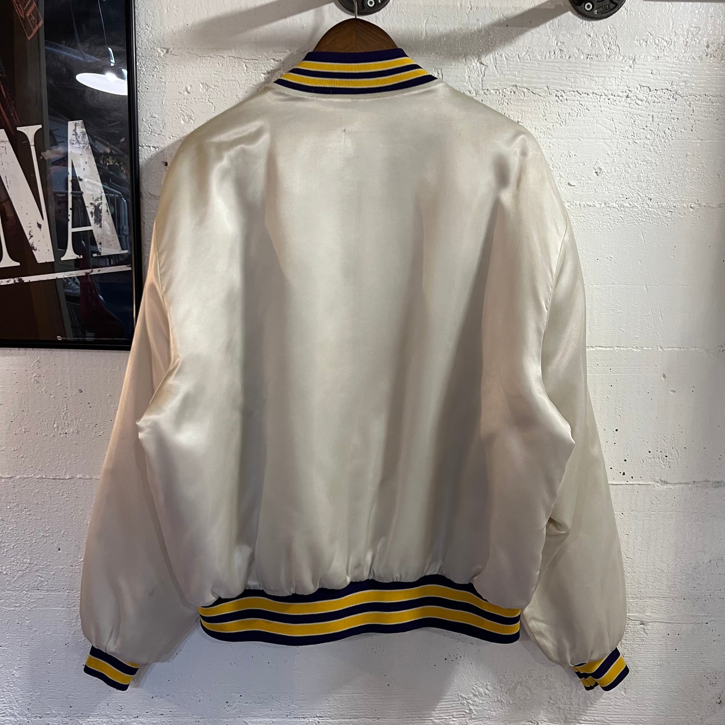 Vintage 90's Los Angeles Lakers Embroidered Swingster Satin Bomber Jacket - Size XL - Made In USA - White/Yellow/Purple
